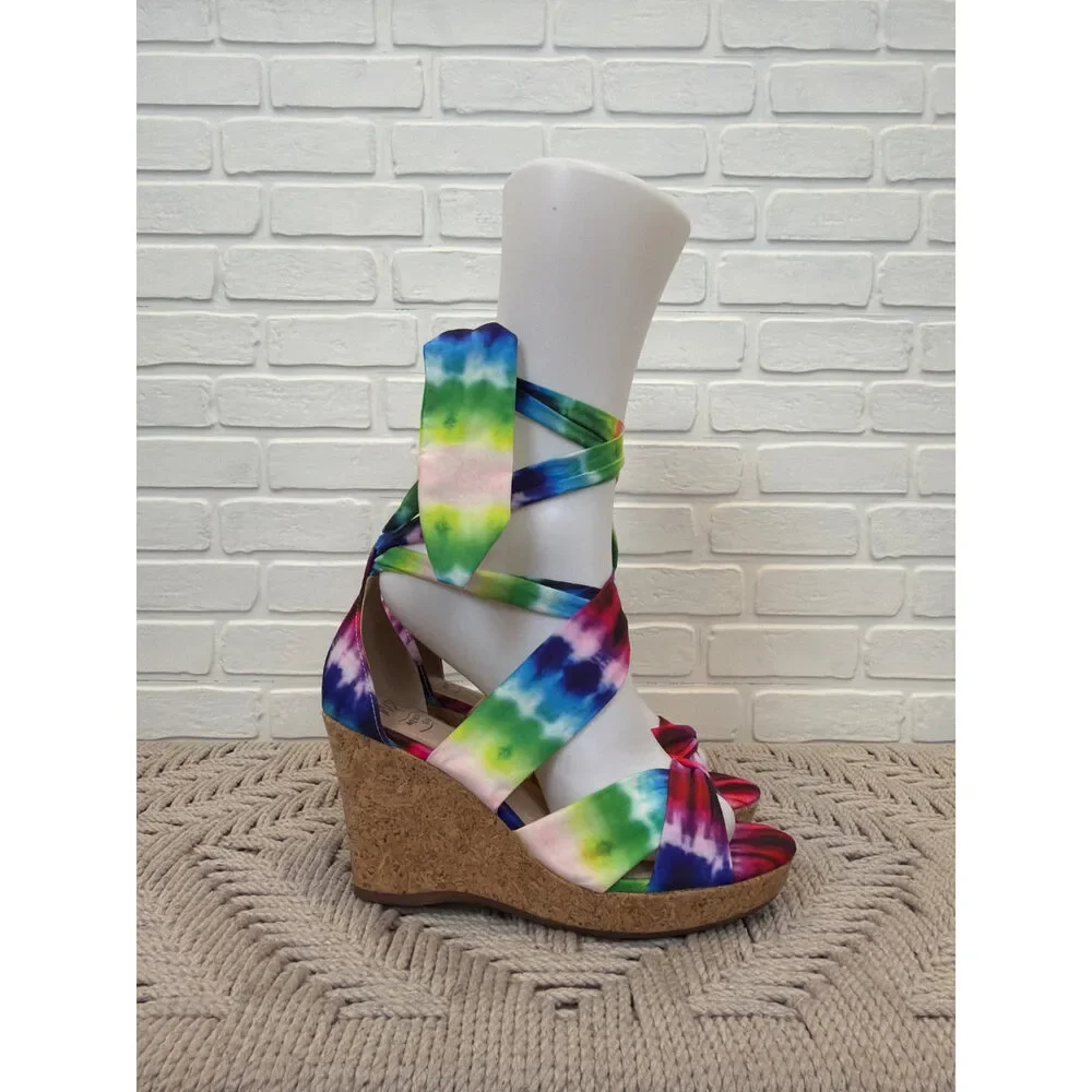 Impo Olitha Tie-Dye Wedge Sandals Multi Ankle Wrap Size 7